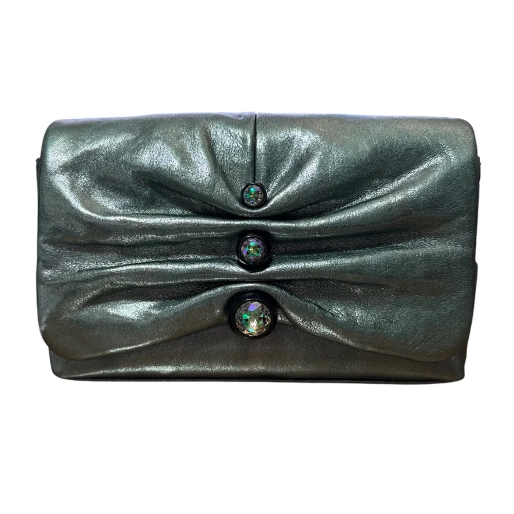 ALEXIS BITTAR Ruched Crystal Metallic Leather Clutch